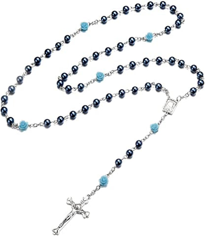 SZQCZB Rosary Beads Catholic Necklace Holy Soil Medal Cross Crucifix with Metal Box and 18pcs Prayer Cards - color: Blue