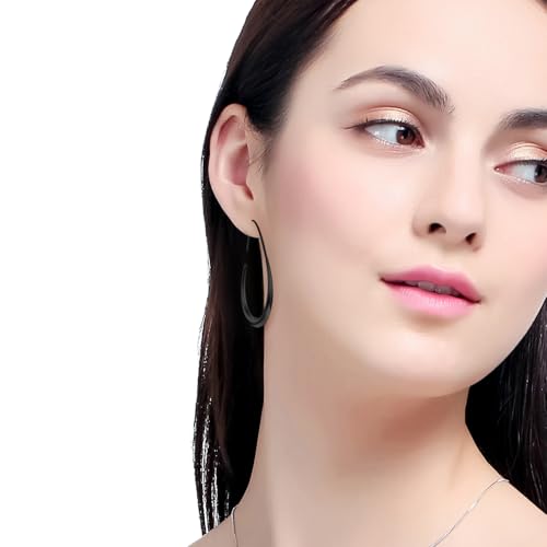 Lightweight Teardrop Hoop Earrings for Women - 14k Gold/White Gold Plated Large Oval Pull Through Hoop Earrings High Polished Statement Jewelry Gift for Women - color: Black 30*18