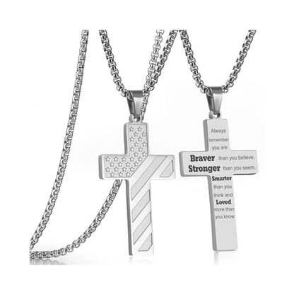 RWQIAN American Flag Cross Necklace for Men Bible Verse, Christian Religious Scriptures Faith Baptism 1st First Communion Pendant Chain for Boys, Fathers Dad Day Graduation Jewelry Gifts for Him - color: Silver, style: Always Remember