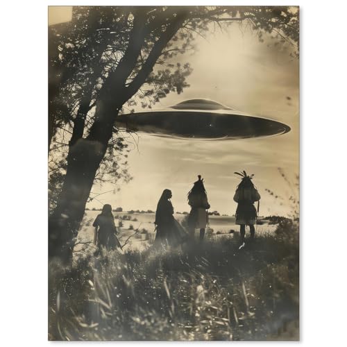 Gothic Dark Academia UFO Poster Vintage Native American Alien Close Encounter Wall Art Wild Southwestern Western Painting for Living Room Bedroom Wall Decor 08x10 inch Unframed - color: Grey-unframed, size: 10L" x 8W"