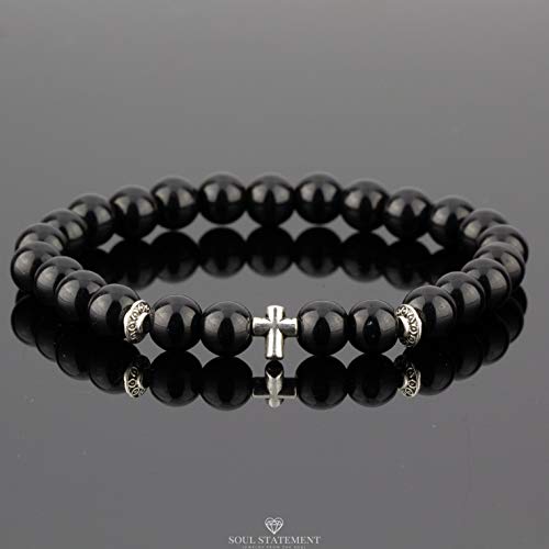 Wood Beaded Cross Bracelet for Men: Confirmation Gifts for Teens First Communion Religious Cross Statement - style: Onyx beads with cross