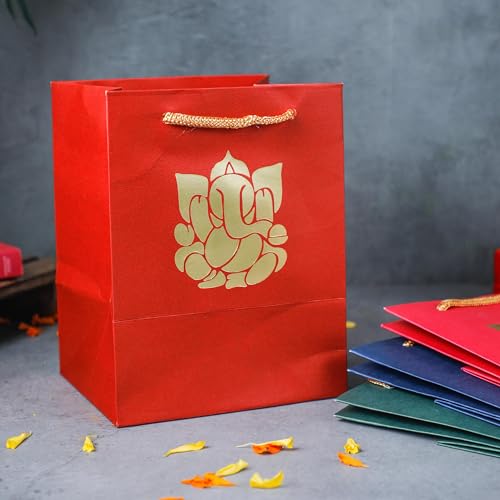 Desi Favors Ganesha Paper Bags - 8 Pack, 6x5x8 Inch, Indian Gifts Bags for Diwali, Pooja, Housewarming, Wedding Return Gifts - style: Ganesha Paper Bags (8")