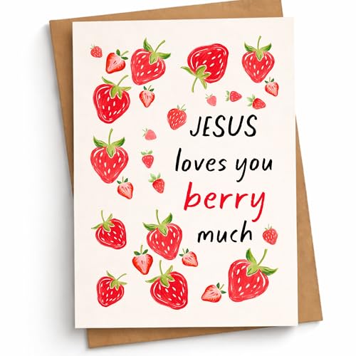 Jesus Loves You Berry Much Pun Card Sweet Christian Encouragement Cards Bible-Inspired Gift for Faith Prayer Friend Family Sunday School Student Bestie Coworker - color: Jesus Loves You Berry Much