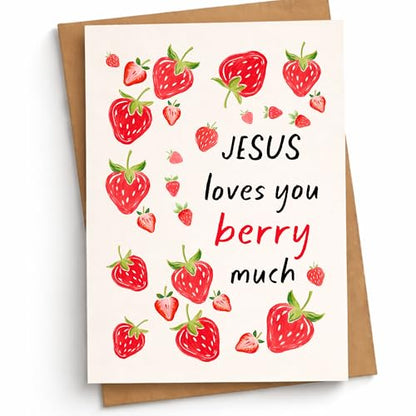 Jesus Loves You Berry Much Pun Card Sweet Christian Encouragement Cards Bible-Inspired Gift for Faith Prayer Friend Family Sunday School Student Bestie Coworker - color: Jesus Loves You Berry Much