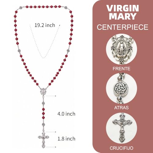 8mm Glass Pearl Rosary - Catholic Necklace for Men and Women Comes in a Metal Gift Box, First Communion Rosary Necklace as Gifts - color: Red