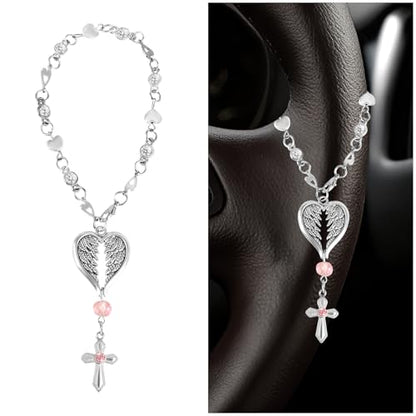 Cross Rearview Mirror Hanging Ornament, Car Interior Rosary Charm