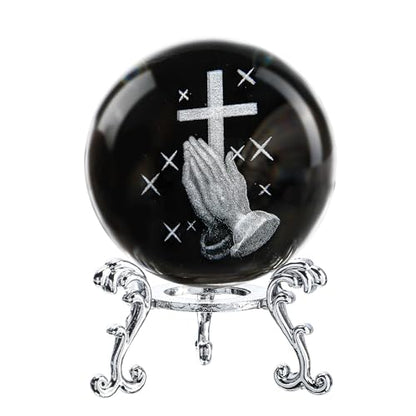 2.3in Praying Hands Cross Crystal Ball with Stand Christian Gift Decor - style: Prayer Cross