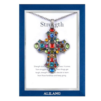 Alilang Silver Tone Stained Glass Rhinestone Patonce Cross Pendant Necklace with Religious Message Card & Envelope Christian Jewelry - style: Strength and Struggle