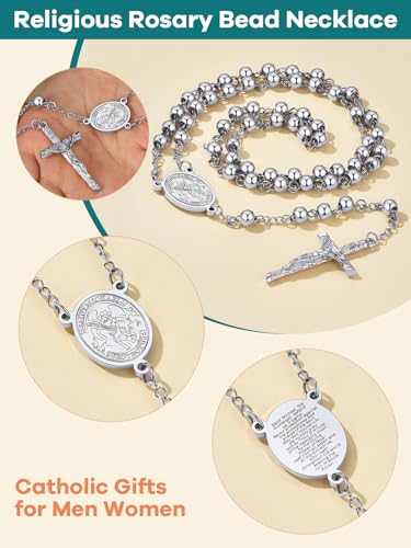 Supcare Rosary for Men Women Catholic Necklace Rosary Beads Customized - color: D01-Michael Silver