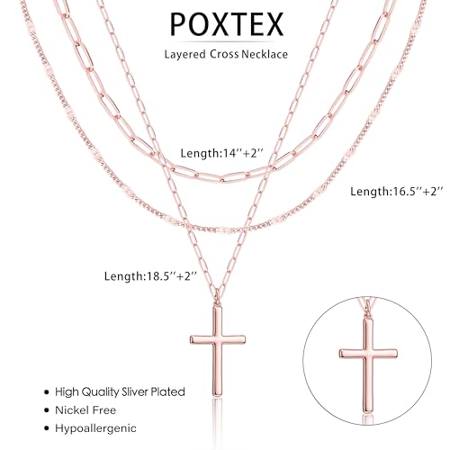 Poxtex Layered Gold Necklaces for Women, Stackable Dainty 14K Gold Silver Plated Trendy Simple Heart Diamond Cross Bow Circle Pendant Paperclip Choker Dot Chain Necklace,Jewelry Set Gifts for Women - color: Rose Gold, style: Cross1
