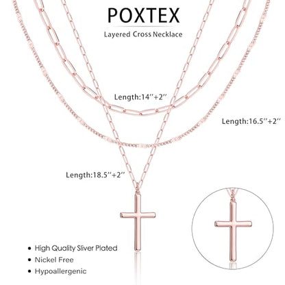 Poxtex Layered Gold Necklaces for Women, Stackable Dainty 14K Gold Silver Plated Trendy Simple Heart Diamond Cross Bow Circle Pendant Paperclip Choker Dot Chain Necklace,Jewelry Set Gifts for Women - color: Rose Gold, style: Cross1