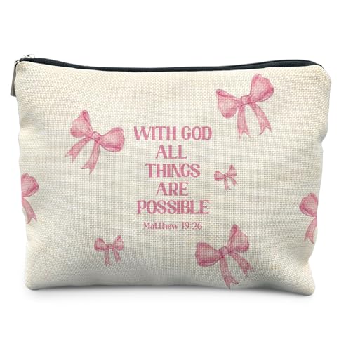 Preppy Pink Bow Christian Makeup Bag for Women,Matthew 19:26 Bible Verse Cosmetic Bags,Gifts for For Mom Friends Teen Girl & Women, Religious Scripture Zipper Makeup Pouch for Purse - color: Bible-With God