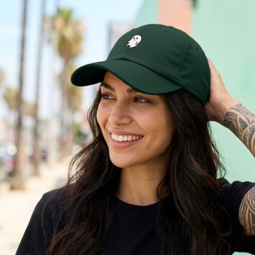 DALIX Ghost Embroidered Mens Womens Cotton Dad Hat Baseball Cap Adjustable - color: Dark Green