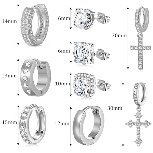 FEYIR 9 Pairs Earrings for Men Stainless Steel Small Hoop Earrings Hypoallergenic CZ Cross Dangle Earrings Cubic Zirconia Stud Earrings Huggie Men's Earrings Set - color: Silver