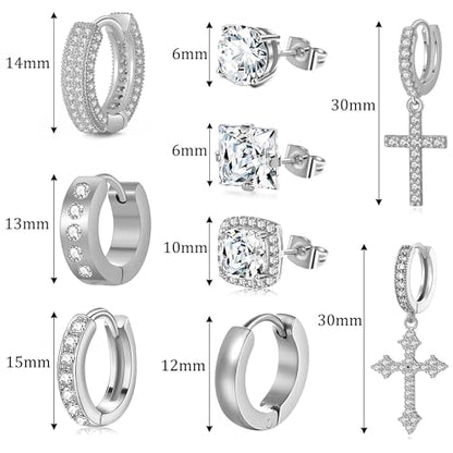 FEYIR 9 Pairs Earrings for Men Stainless Steel Small Hoop Earrings Hypoallergenic CZ Cross Dangle Earrings Cubic Zirconia Stud Earrings Huggie Men's Earrings Set - color: Silver