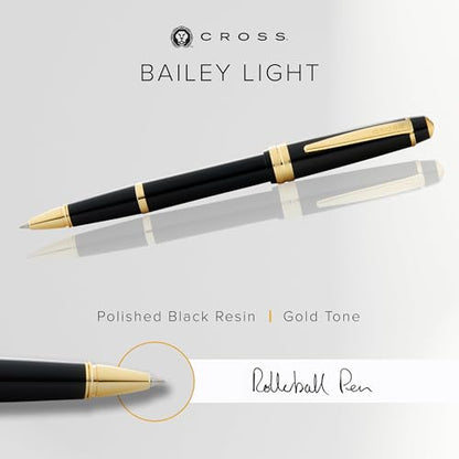 Cross Bailey Light Rollerball Pen, Polished Black & Gold Tone, Black Ink - color: Polished Black