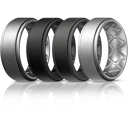 Egnaro Men's Wedding Rings 8mm Wide 2mm Thick Rubber Bands, Breathable and Flexible Step Edge Ring, Variety Multipack 1-7 For Gym Workout Travel Daily Wear - color: SETB-Black Black,Gray Gray,Dark Silver Dark Silver,Silver Silver, size: 12.5-13