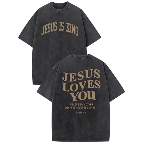 Mens Christian Shirts Jesus is King Love You Tshirt God Faith Religious Bible Verse Oversized Acid Wash Graphic Tees - color: Black, size: X-Small