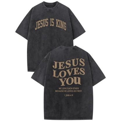 Mens Christian Shirts Jesus is King Love You Tshirt God Faith Religious Bible Verse Oversized Acid Wash Graphic Tees - color: Black, size: 3X-Large