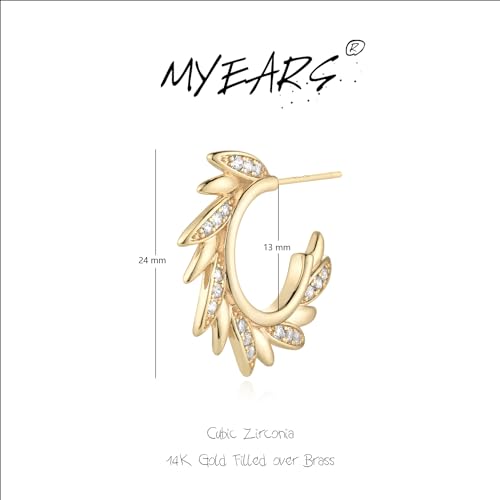 MYEARS Women Hoop Earrings Gold 14K Gold Filled Small Simple Handmade Hypoallergenic Everyday Illusion Jewelry - style: Sun Leaf