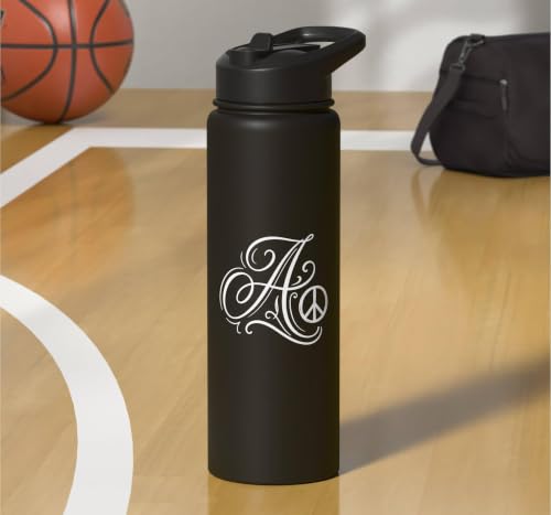 fancy Italic script Initial Letter A minimalist peace symbol Stainless Steel Insulated Water Bottle - color: Black