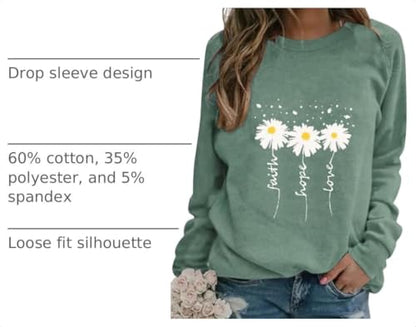 EADINVE Women Daisy Print Sweatshirts Crewneck Long Sleeve Pullover Tops - color: Green, size: Large