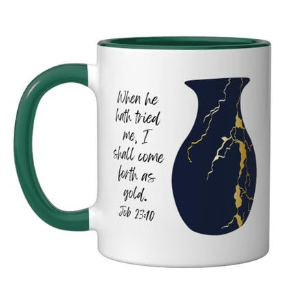 Bible Verse Jesus Christ Kintsugi Vase Gold Job Christian Ceramic Mug, Dark Green/White, 11oz - color: Dark Green/White, size: 11 Ounces
