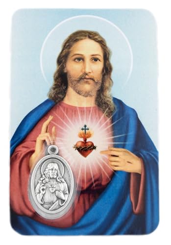 VILLAGE GIFT IMPORTERS Holy Prayer Card with Built-In Medal Pendant | Laminated Full-Color Prayer Card | Great Variety (Sacred Heart and Immaculate Heart Prayer Card with Medal) - color: Sacred Heart and Immaculate Heart Prayer Card with Medal