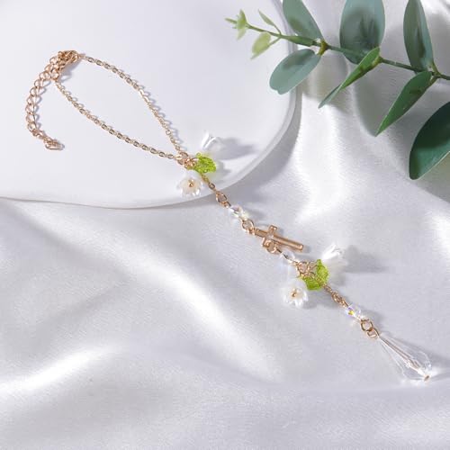 Cross Crystal Car Charm Lily Flower Beaded Mirror Hanging - style: Cross