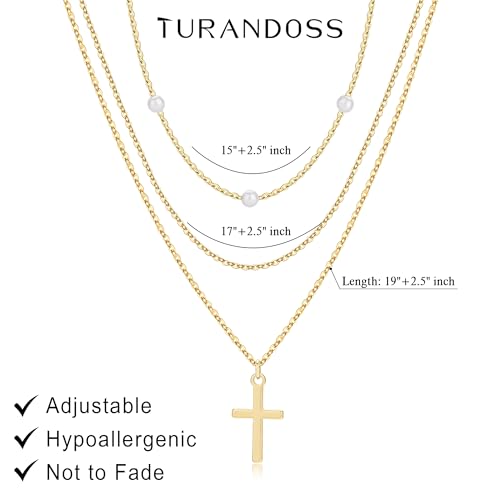 Turandoss Layered Cross Necklaces Stack for Women Girls, Christian Gift - color: Cross-Pearl