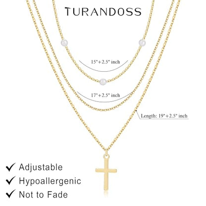 Turandoss Layered Cross Necklaces Stack for Women Girls, Christian Gift - color: Cross-Pearl