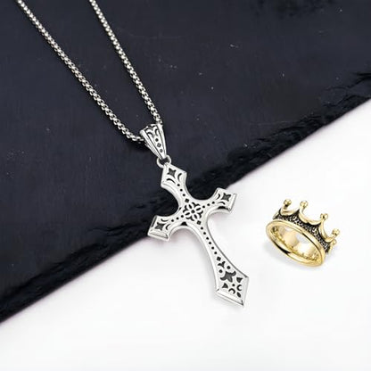 Elegant Cross Necklace for Men， Cross Pendant Necklace– Stainless Steel Chain with Detachable Crown Pendant