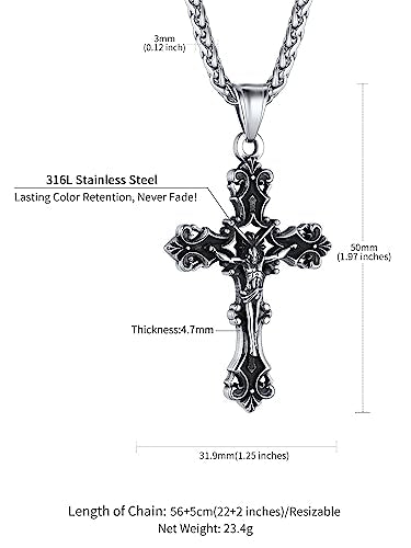 ChainsHouse Cross Necklace for Men, Black/18K Gold Plated/Stainless Steel Christian Jewelry Cross Pendant Necklace for Men, with Gift Box - color: a: Jecus Cross-Steel