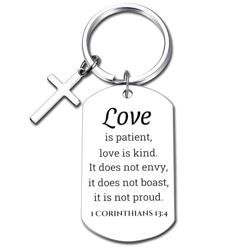 GiftYou Inspirational Scripture Metal Key Chains with Cross Pendant - Bible Verse Keychain Religious Gift for Christian - color: 1 Corinthians 13:4