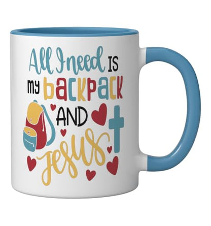 All I Need Is My Backpack and Jesus School Christian Kids Ceramic Mug, Blue/White - color: Blue/White, size: 11 Ounces