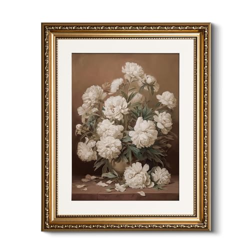 HUARCEY Vintage Gold Framed White Peony Floral Canvas Wall Art 13x16 Inch - color: Falling, size: 16"L x 13"W