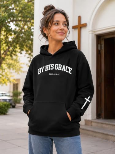FAYALEQ Christian Sweatshirt By His Grace Letter Print Hoodie Christian Religious Sayings Sweater Bible Pullover Tops - color: Black, size: Medium