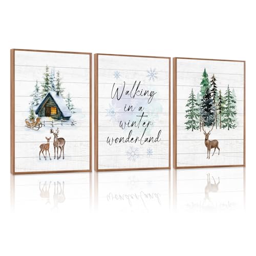 LHIUEM Walking In a Winter Wonderland Christmas Wall Art Set of 3(12”X16”) Cottage House Reindeers Canvas Art Prints Winter Wonderland Merry Christmas Decorations Snow Tree Forest Wall Decor for Home - color: Christmas 2