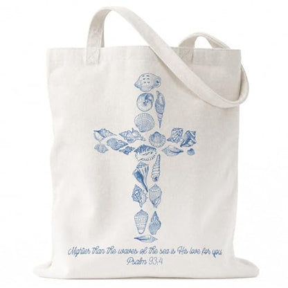 Christian Seashell Cross Canvas Tote Bag, Religious Coastal Gifts for Christian Women Mom Teachers Friends, Bible Verse Reusable Bag for Beach Church Shopping School Office