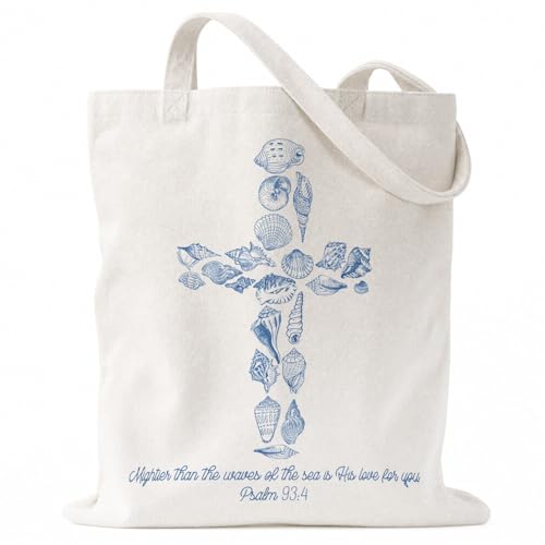 Christian Seashell Cross Canvas Tote Bag, Religious Coastal Gifts for Christian Women Mom Teachers Friends, Bible Verse Reusable Bag for Beach Church Shopping School Office