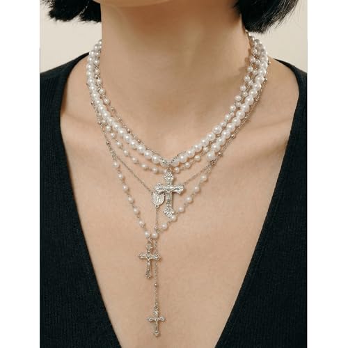 Layered Cross Necklace Silver Set for Women, 4-Piece Chunky Pearl Cross Stack Christian Necklaces, Adjustable Vintage Long Y Boho Gothic Statement Jewelry Gift - style: Silver 2-4Pcs