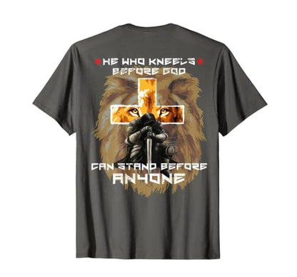 Prayer Warrior Lion Judah Christian Cross Graphic Back Print T-Shirt - color: Asphalt Grey, size: Small