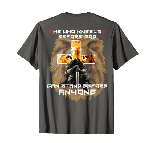 Prayer Warrior Lion Judah Christian Cross Graphic Back Print T-Shirt - color: Asphalt Grey, size: Small