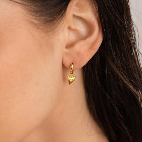 Dangle Earrings for Women, Dainty Huggie Hoop Dangle Earrings - color: Shark Tooth 01 Dangle Gold