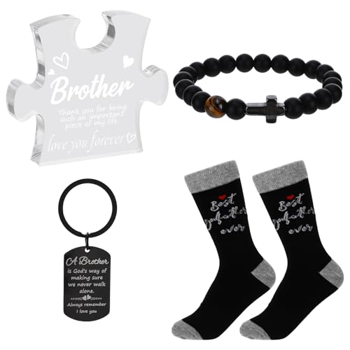 4Pcs Gifts for Brother from Sister Funny Brother Birthday Gifts Include Cross Bracelet Clear Acrylic Plaque Funny Socks Keychain Graduation Christian Birthday Christmas Gift for Men Son Nephew