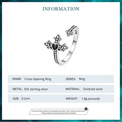 Sterling Silver Adjustable Ring Guitar/Wing/Cross Design, Unique S925 Open Ring Birthday Jewelry for Women - style: Cross