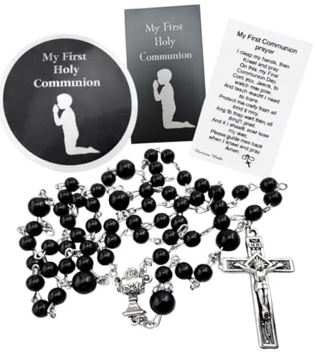 First Communion Rosary Set with Glass Black Beads Metal Crucifix