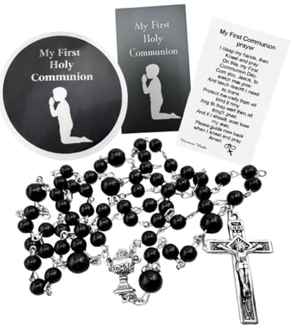 First Communion Rosary Set with Glass Black Beads Metal Crucifix