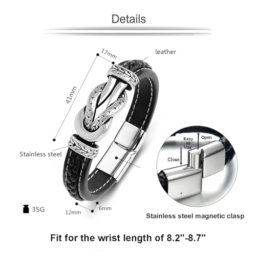 Men's Braided Leather Bracelet Wristband Cuff Bracelet for Men Gifts Stainless Steel Clasp - color: Black