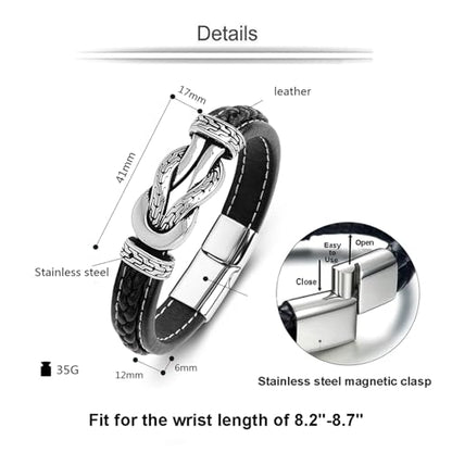 Men's Braided Leather Bracelet Wristband Cuff Bracelet for Men Gifts Stainless Steel Clasp - color: Black